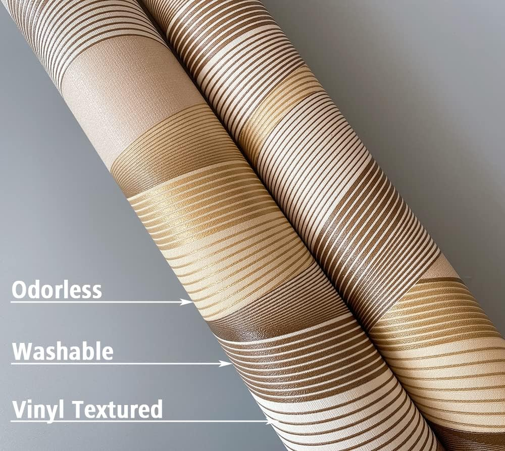 3D Uplift Wave Stripe Embossed Wallpaper  Textured Spiral Wallpaper Glitter Waterproof  Brown/Gold/Beige, 20.8" X 374", Not Peel & Stick