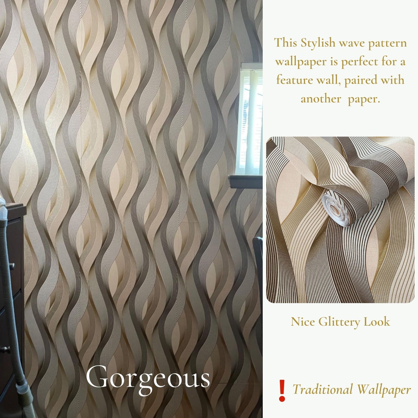 3D Uplift Wave Stripe Embossed Wallpaper  Textured Spiral Wallpaper Glitter Waterproof  Brown/Gold/Beige, 20.8" X 374", Not Peel & Stick