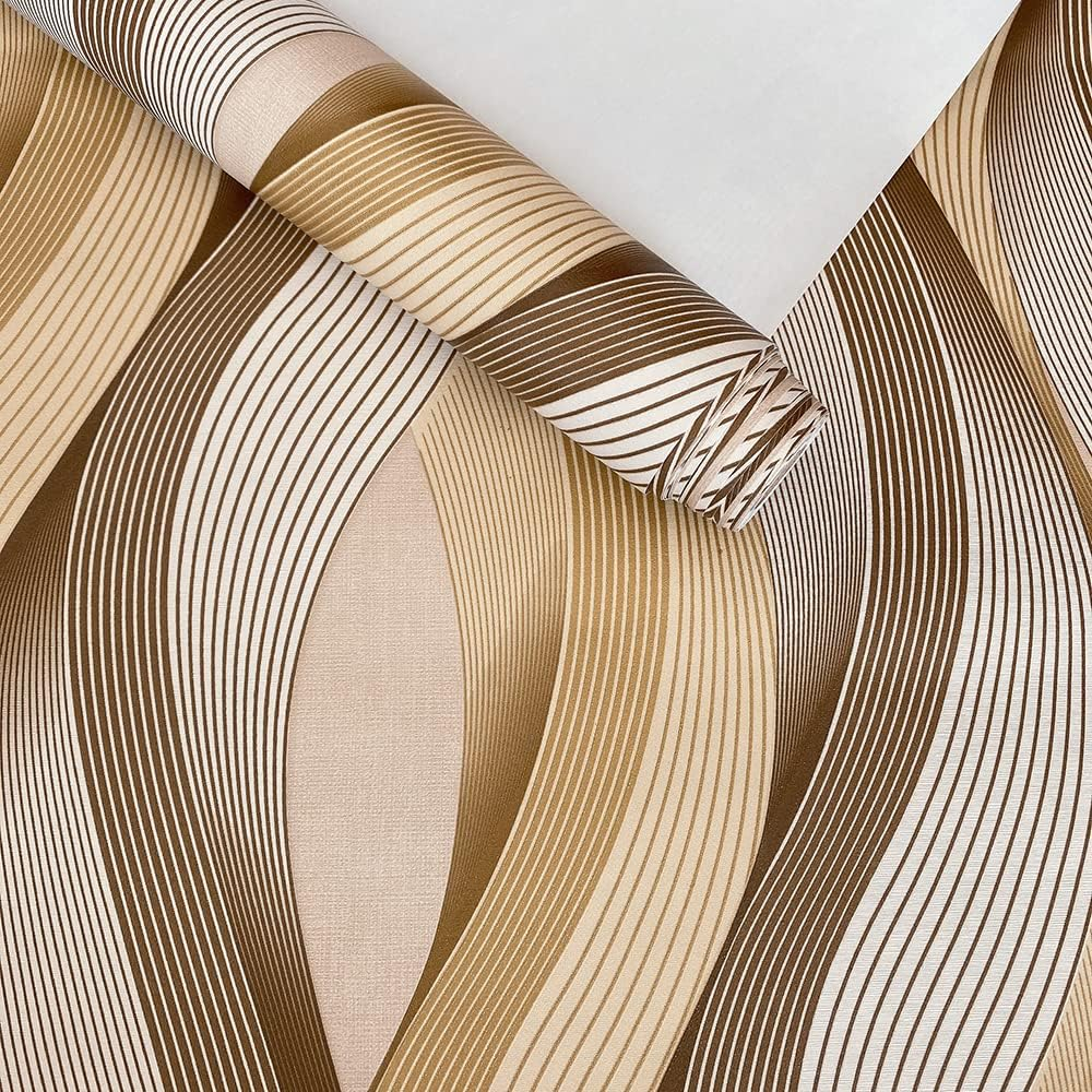 3D Uplift Wave Stripe Embossed Wallpaper  Textured Spiral Wallpaper Glitter Waterproof  Brown/Gold/Beige, 20.8" X 374", Not Peel & Stick